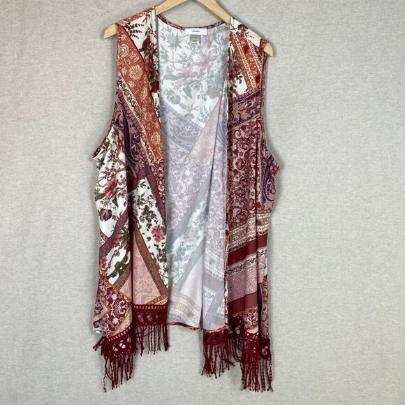 CJ Banks Womens Patchwork Floral Sleeveless Vest Size 2X Boho Fringe Kimono - Picture 2 of 11